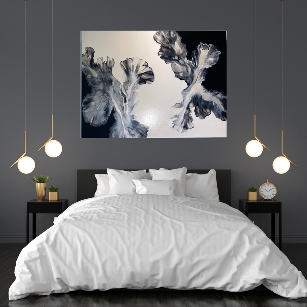 ❌SOLD❌18x24 hand painted acrylic fluid pour art canvas painting black white - Picture 1 of 15